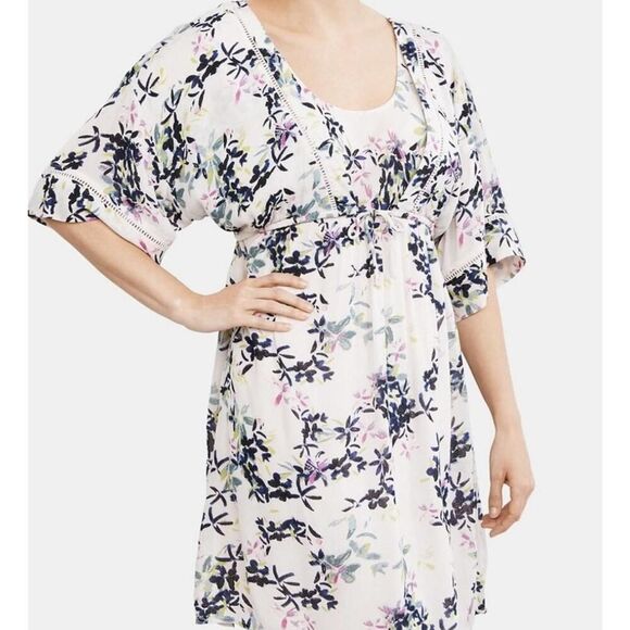 Jessica Simpson Small Mini Nursing Dress White Blue Floral V-Neck Maternity - Picture 1 of 12